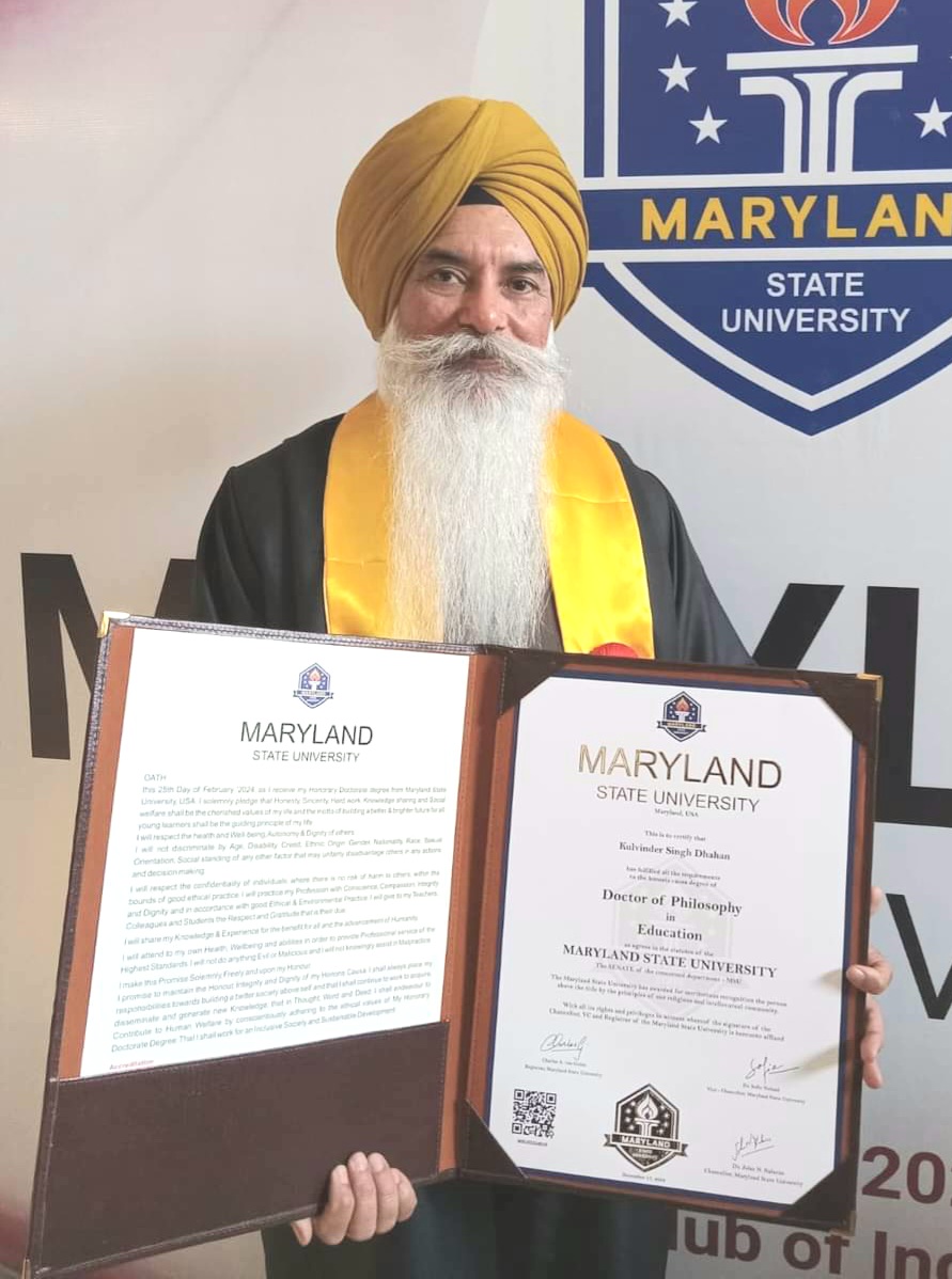 President of Guru Nanak Mission and Educational Trust Dhahan Clares conferred with the title of "Doctor of Philosophy"